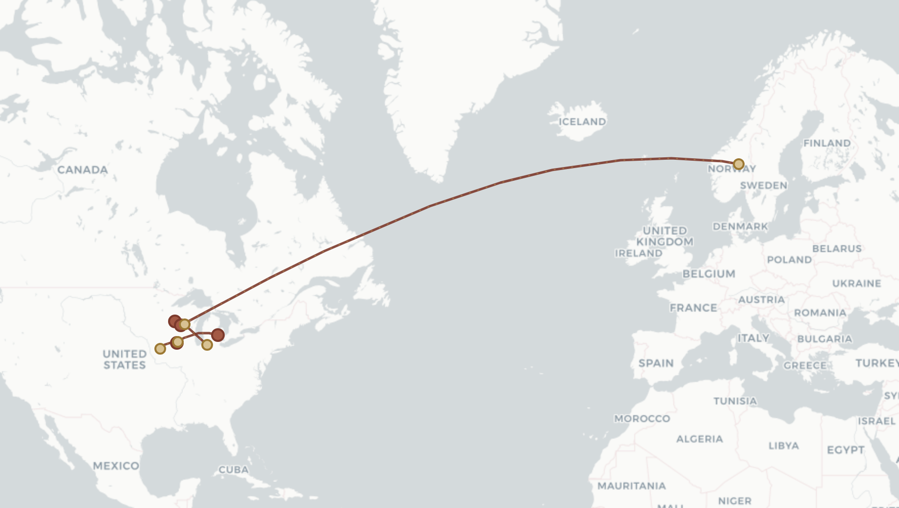 Migration map for The Convergence: Snikkerplassen, Norway → City Point, Wisconsin