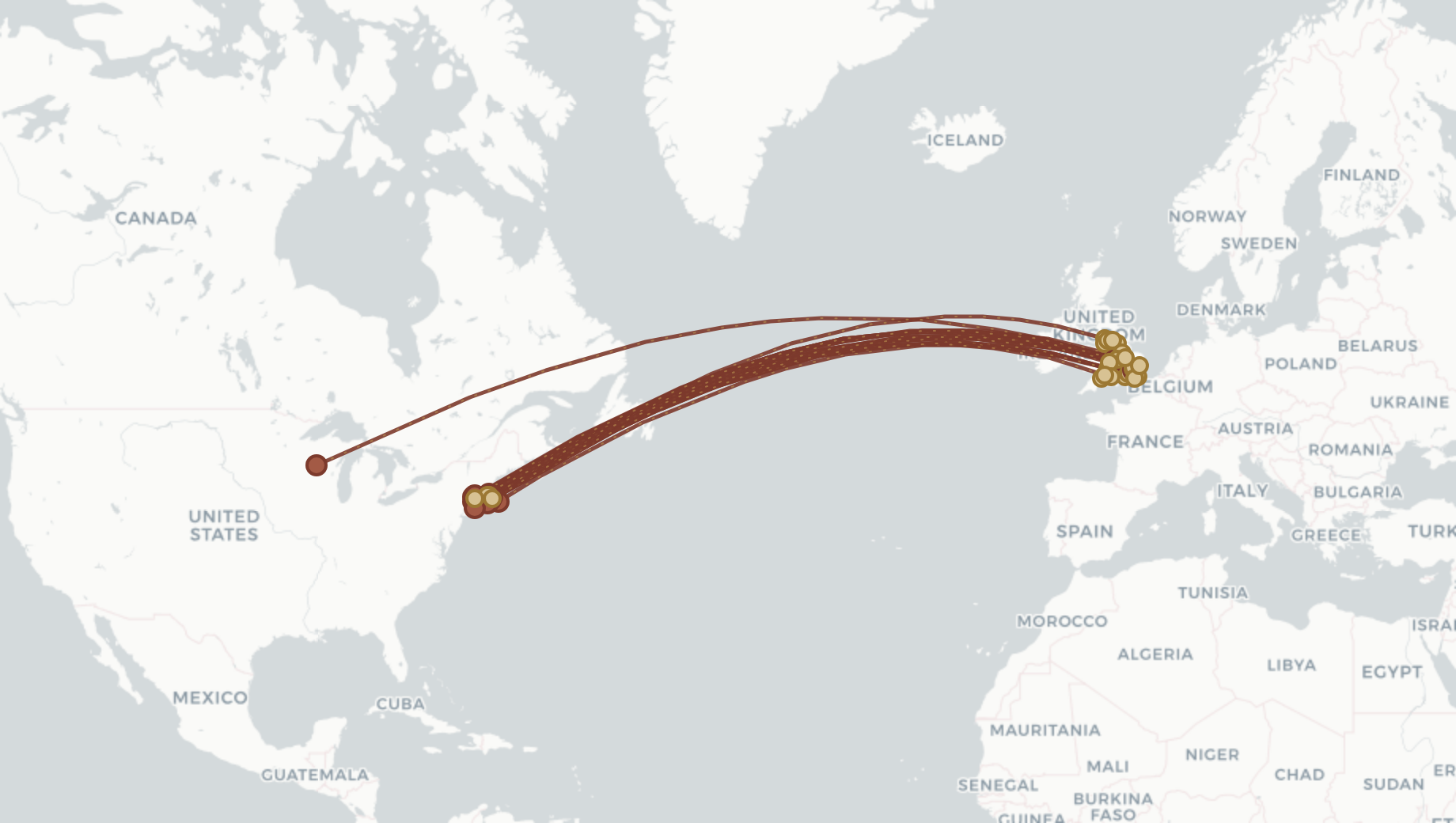 Migration map for The Old World: England → Colonial New England