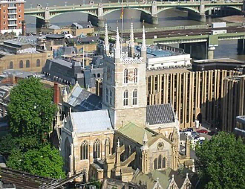 Southwark Cathedral and the London skyline, in the historic Surrey district of Southwark