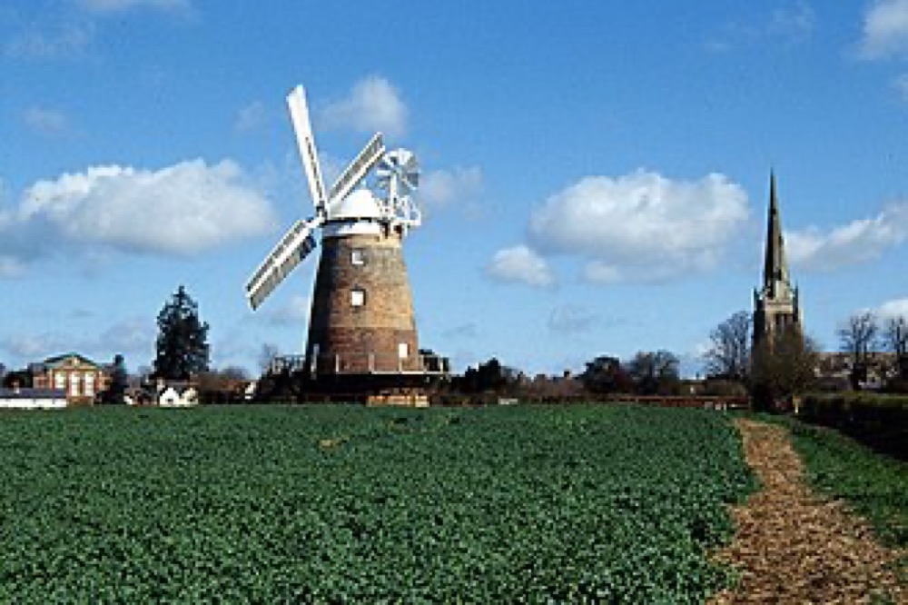 John Webb's Mill (windmill) and the parish church at Thaxted, Essex